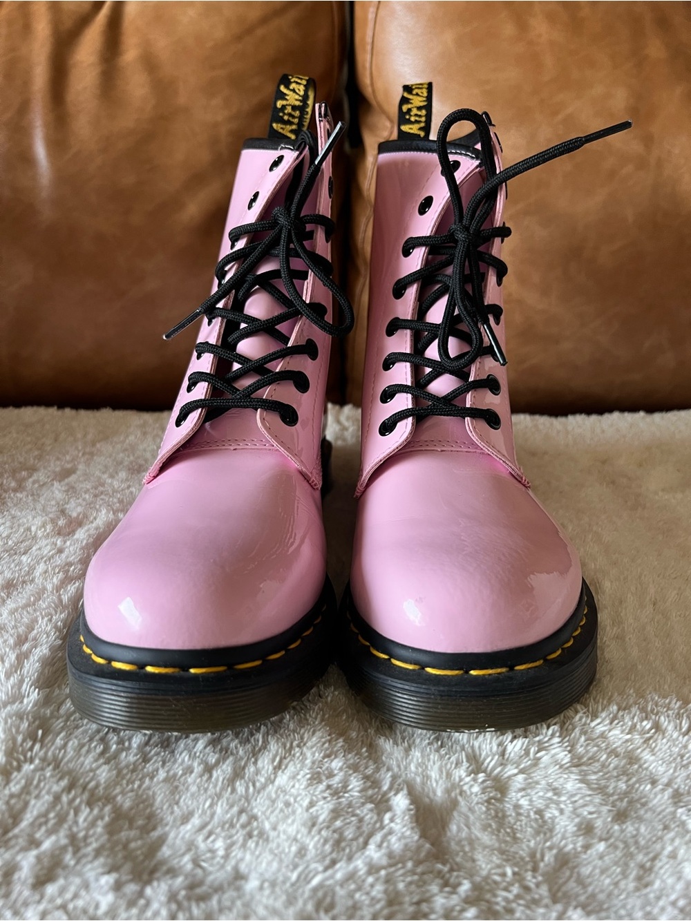 Dr. Martens Pink Patent Lace-Up Boots with Black Soles